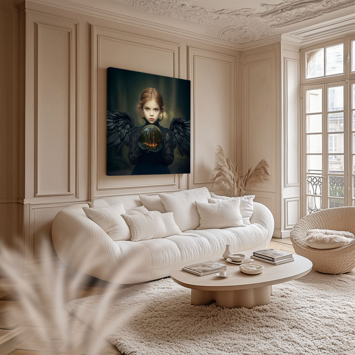 Artprint Black Angel Burning van Belinda Jordens – Colored Angels Art, donkere engel met vleugels en brandende bol, tentoongesteld in een licht klassiek interieur met hoge ramen en zachte natuurlijke tinten.