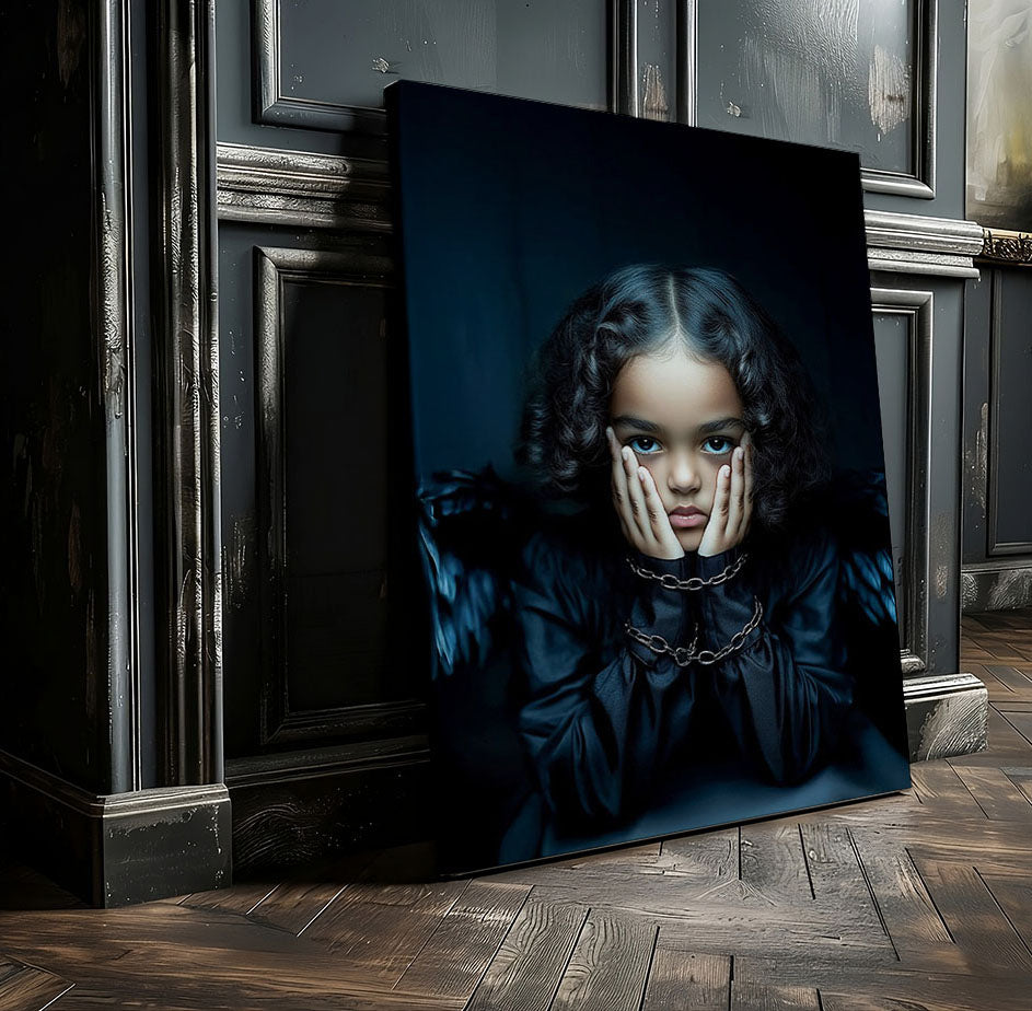 Artprint Black Angel of Freedom van Belinda Jordens – Colored Angels Art, donkere engel met vleugels en kettingen als symbool van bevrijding, gepresenteerd in een klassiek donker interieur met houten vloer.