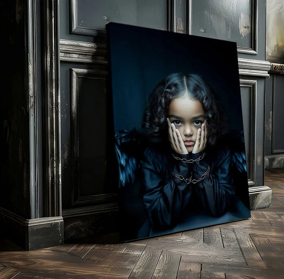 Artprint Black Angel of Freedom van Belinda Jordens – Colored Angels Art, donkere engel met vleugels en kettingen als symbool van bevrijding, gepresenteerd in een klassiek donker interieur met houten vloer.