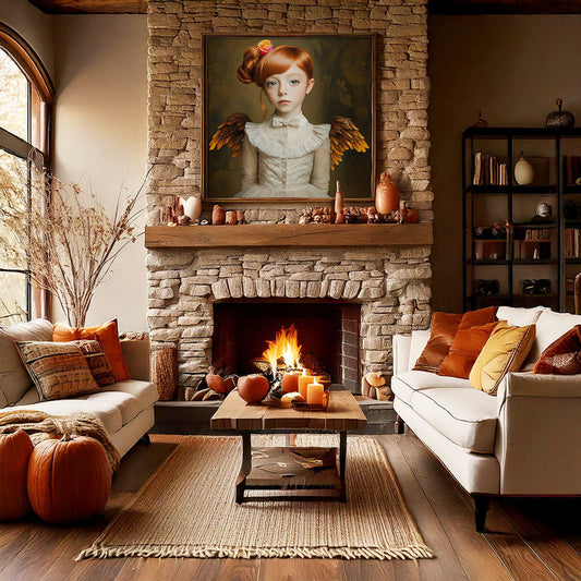 Artprint Evi van Belinda Jordens – Colored Angels Art, portret van een jonge engel met gouden vleugels, gepresenteerd boven een stenen haard in een warm herfstig interieur.