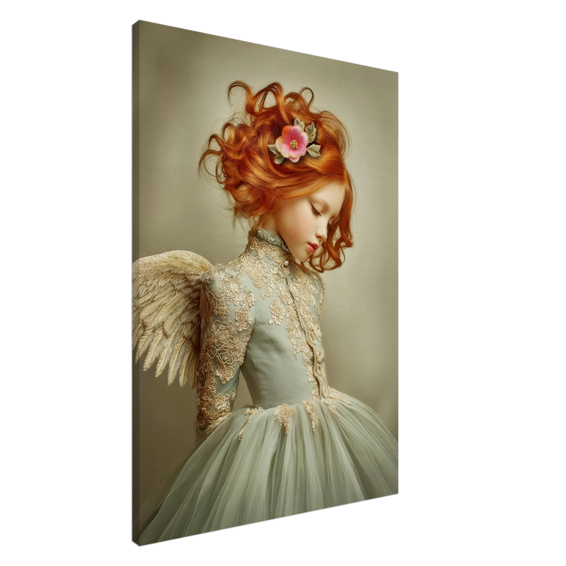 Cate, portret met koperrode krullen, saliegroen jurkje met goudkant en engelenvleugels, serene uitstraling.