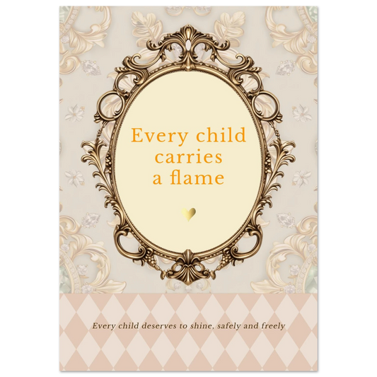 Fijne kinderrechten art print met gouden omlijsting en de quote “Every child carries a flame” op zachte vintage achtergrond