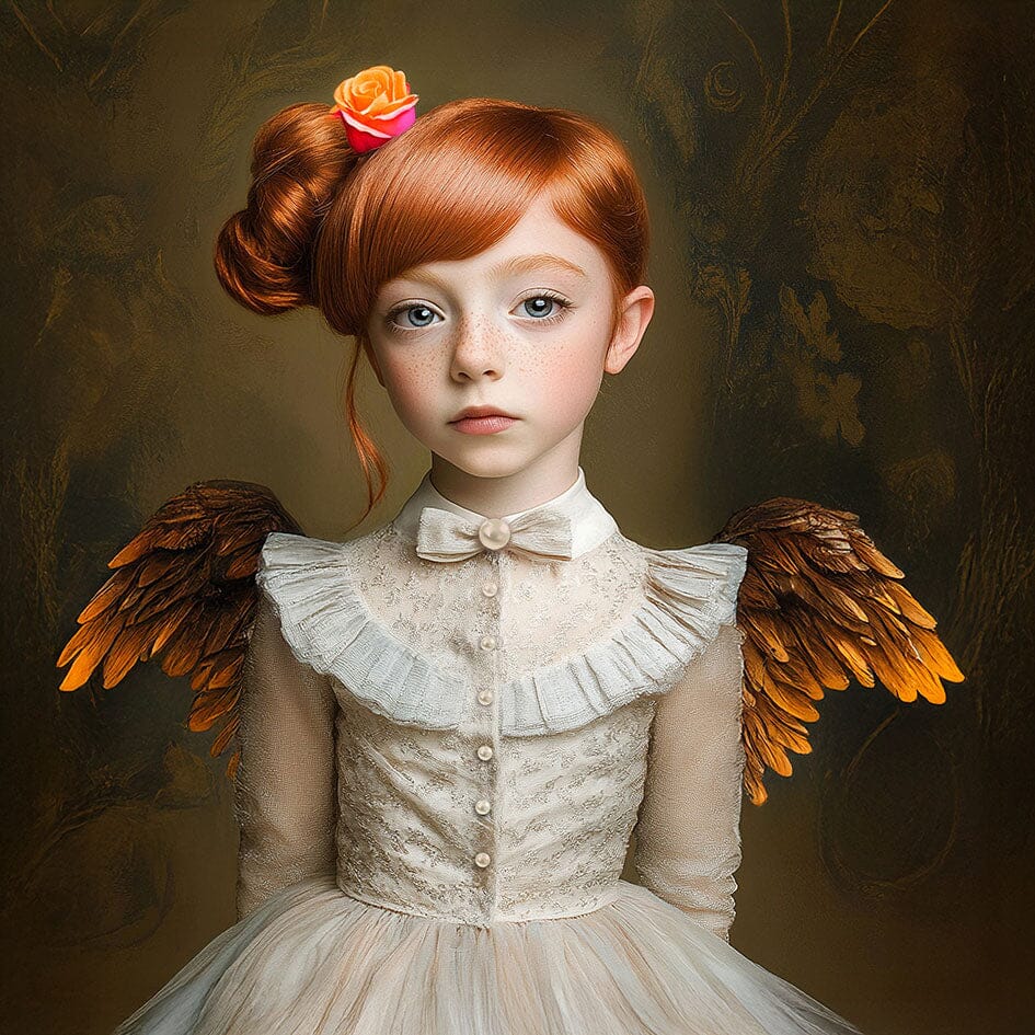 Art print engel met oranje vleugels, barokke jurk en rood haar