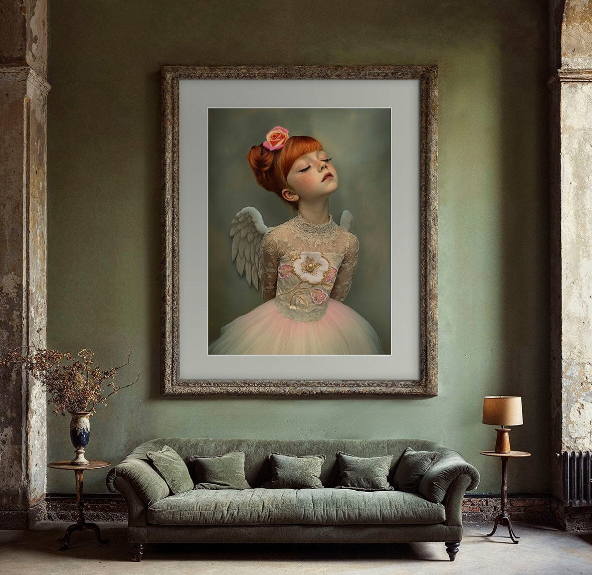 Ingelijste art print boven groene vintage bank