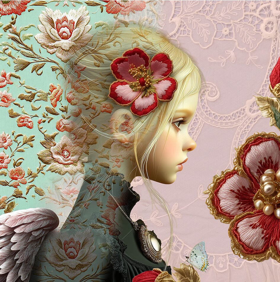 Art print engel in lagen zichtbaar met roze bloemen