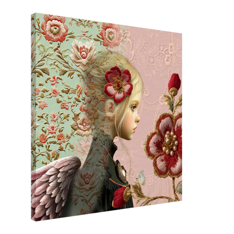 Canvas engel in stoflagen met roze bloemen