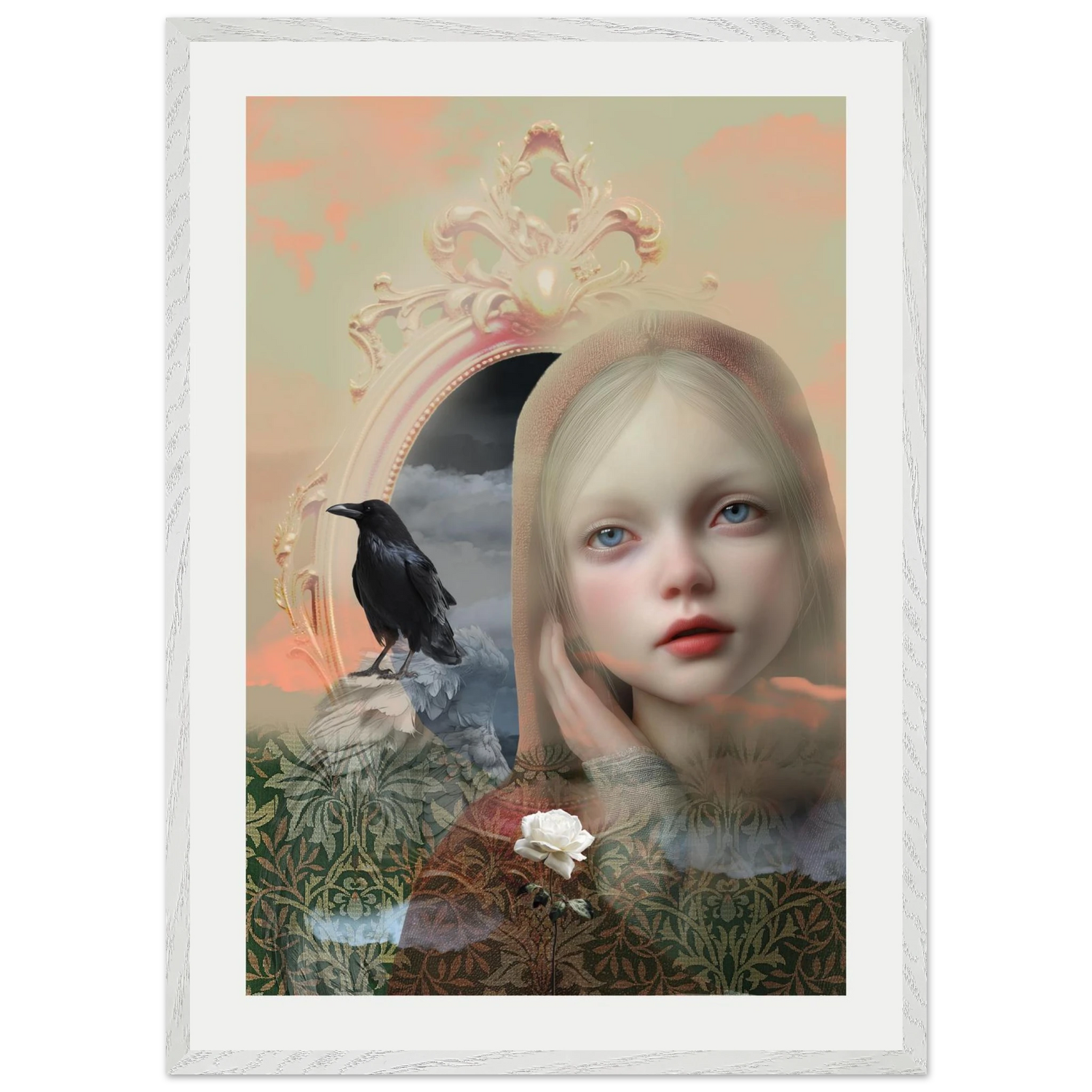 Ingelijste fine art print met meisjesportret, zwarte raaf en spiegel, symbolisch kunstwerk in zachte tinten over kijken, herinnering en innerlijke wereld