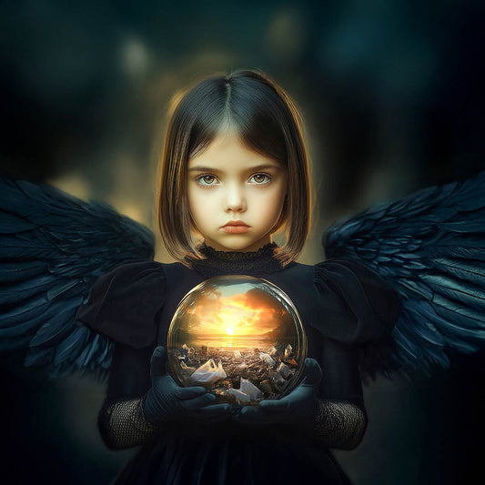 Kind met zwarte engelenvleugels dat een glazen bol vasthoudt met een verwoeste aarde en brandende horizon