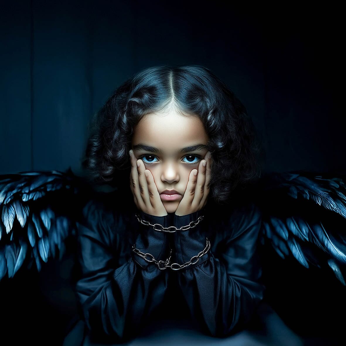 Kind met zwarte engelenvleugels en geketende handen in een donkere setting