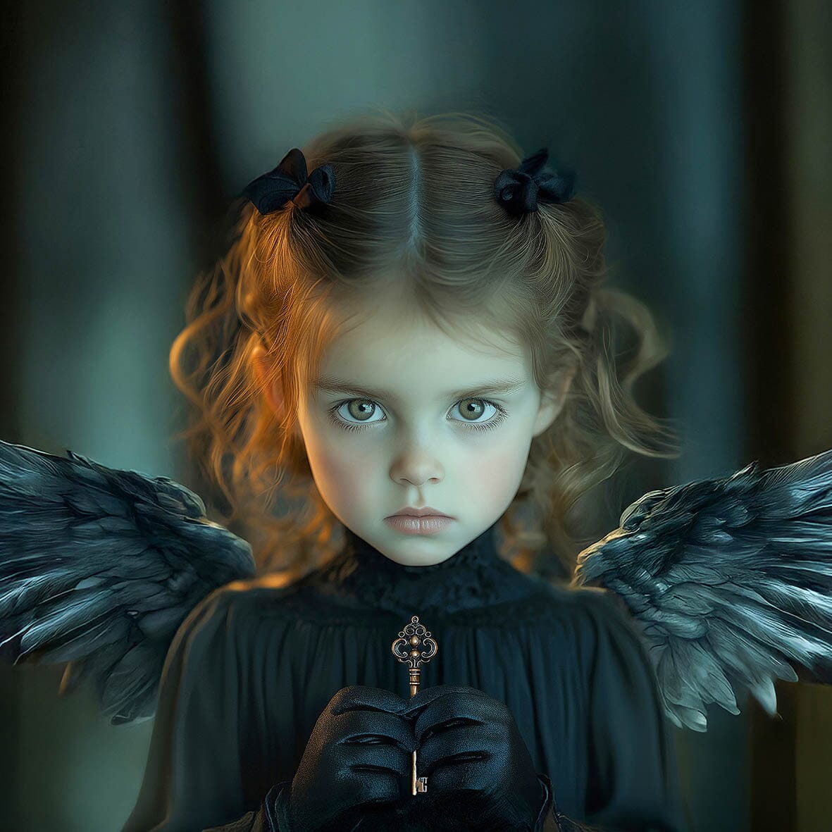 Fine art portret van een jong meisje met zwarte engelenvleugels, die een gouden sleutel vasthoudt; onderdeel van de Black Angels collectie met een mysterieuze, donkere sfeer.