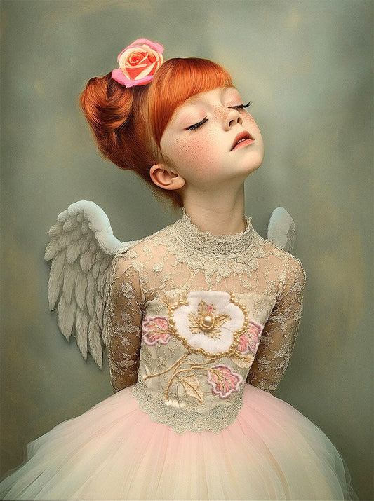 Meisje met witte engelenvleugels, rode bloem in het haar en pasteljurk tegen zachte achtergrond