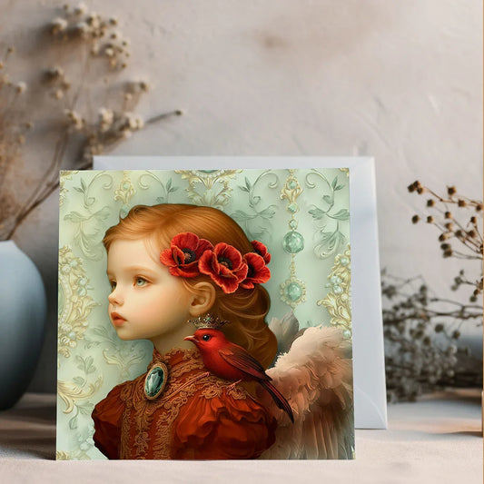 Art card Meave – engelachtig portret van een meisje met rode bloemen in haar haar en een vogel op haar schouder, in barokke stijl op tafel bij een vaas.