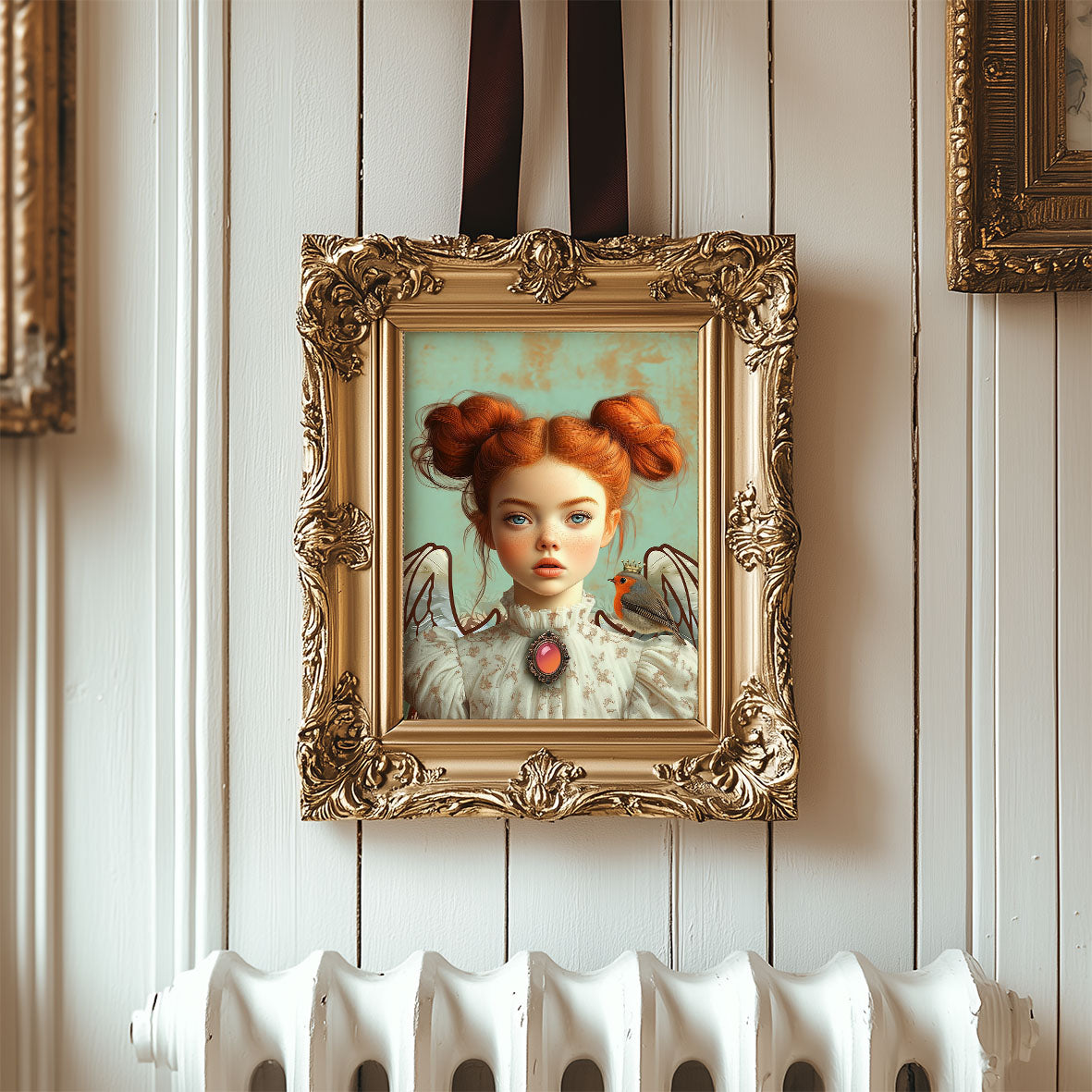 Mock-up van een engelachtig fine art portret in een gouden baroklijst, getoond tegen een klassieke interieurmuur; artwork uit de Anne-collectie.