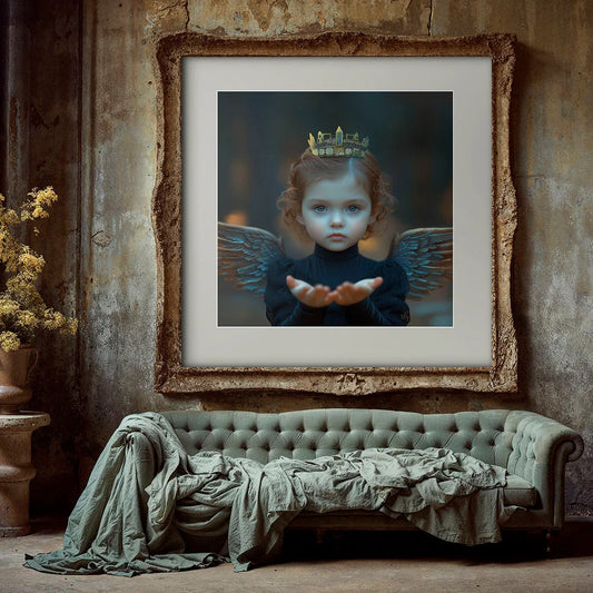 Mock-up van de Black Angel of Hope art print, met een jong meisje met kroon en uitgestoken handen, gepresenteerd in een verweerd klassiek interieur met vintage banken