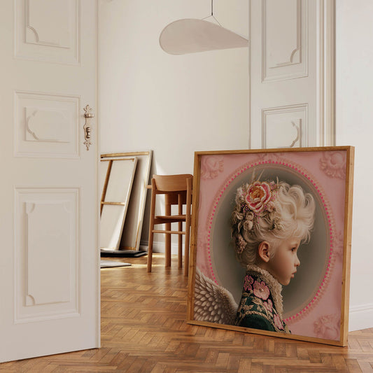 Mock-up van de Mozes art print met engelenvleugels en florale details, geplaatst in een licht klassiek interieur met houten vloer en witte deuren.