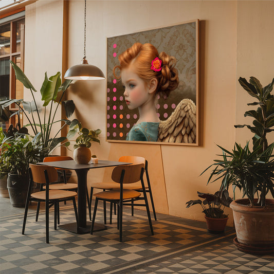 Mock-up van het Victoria engelportret aan de muur in een warm retro interieur met planten en houten meubels.