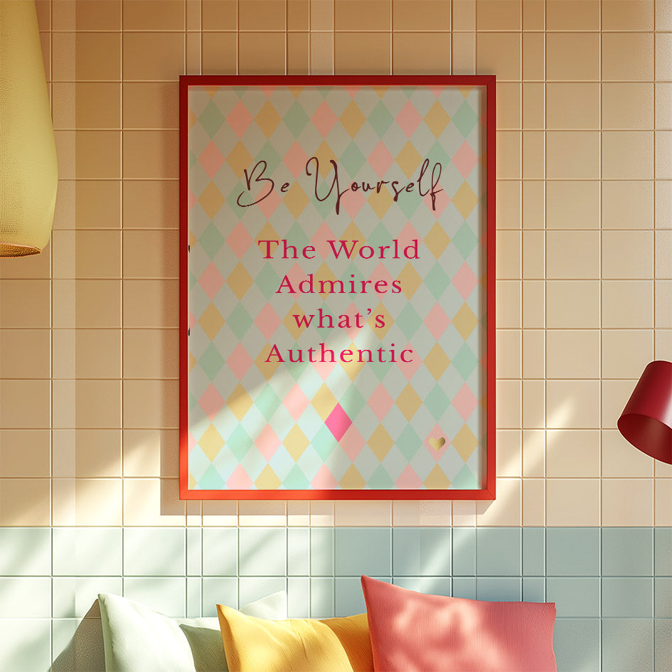 Ingelijste quote-poster Be Yourself in pastelinterieur met tegelmuur