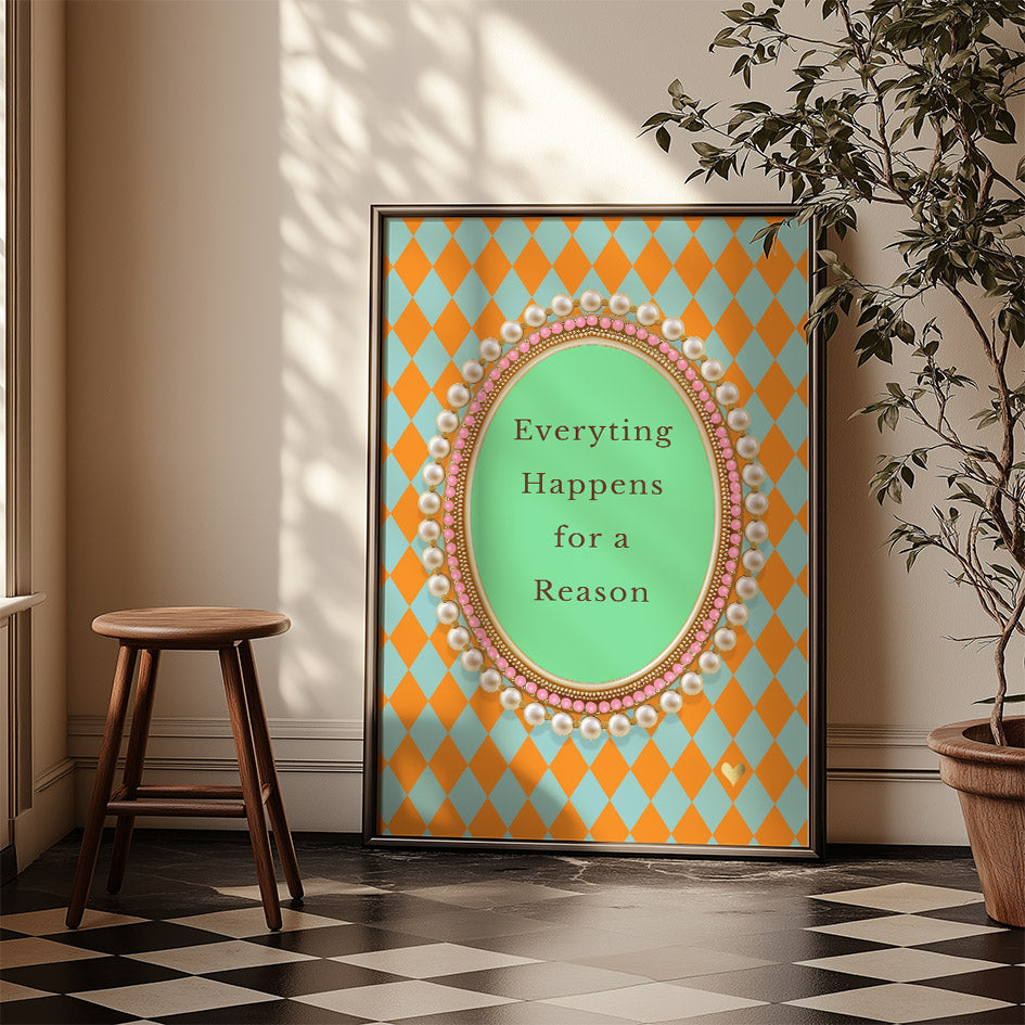 Quote poster in vintage interieur met oranje-turquoise patroon.