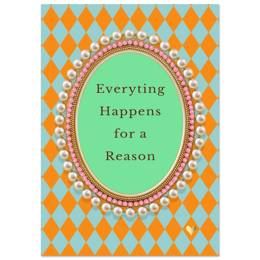 Quote print met oranje-turquoise ruitpatroon en parellijst.