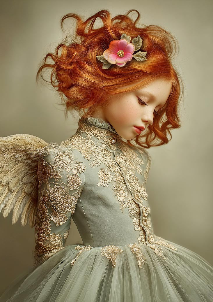 Cate, portret met koperrode krullen, saliegroen jurkje met goudkant en engelenvleugels, serene uitstraling.