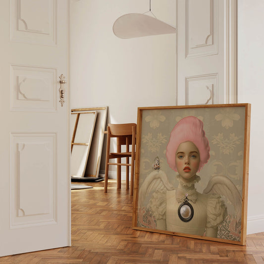 Art Print met meisje met roze pruik in ivoor kleuren