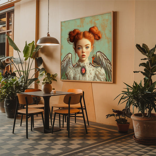 Retro, vintage inrichting met portret van engel met roodborstje