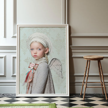 Vintage engel kunstprint met zilveren lijst, kind engel met zachte vleugels en bloemen in klassiek interieur met geblokte vloer