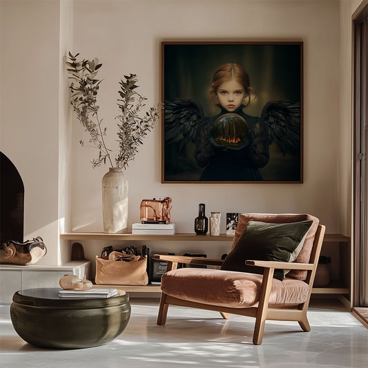 Interieurmockup met de artprint Black Angel Burning van Belinda Jordens – Colored Angels Art, donkere engel met vleugels en glazen bol aan de muur boven een warme, moderne zithoek.