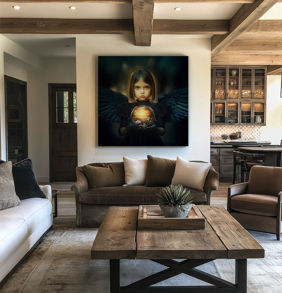 Artprint Black Angel of a Dying Earth van Belinda Jordens – Colored Angels Art, donkere engel met vleugels en gloedvolle aarde, tentoongesteld in een warm landelijk interieur met houten accenten.