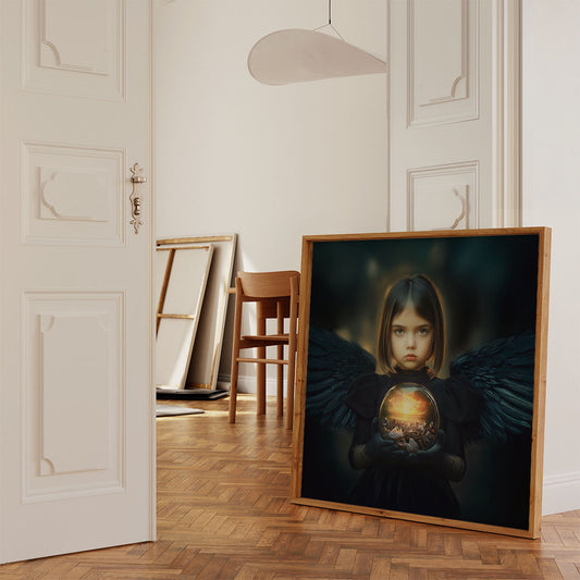 Artprint Black Angel of a Dying Earth van Belinda Jordens – Colored Angels Art, donkere engel met vleugels en gloedvolle bol, gepresenteerd in een warm klassiek interieur met houten vloer en witte deur.