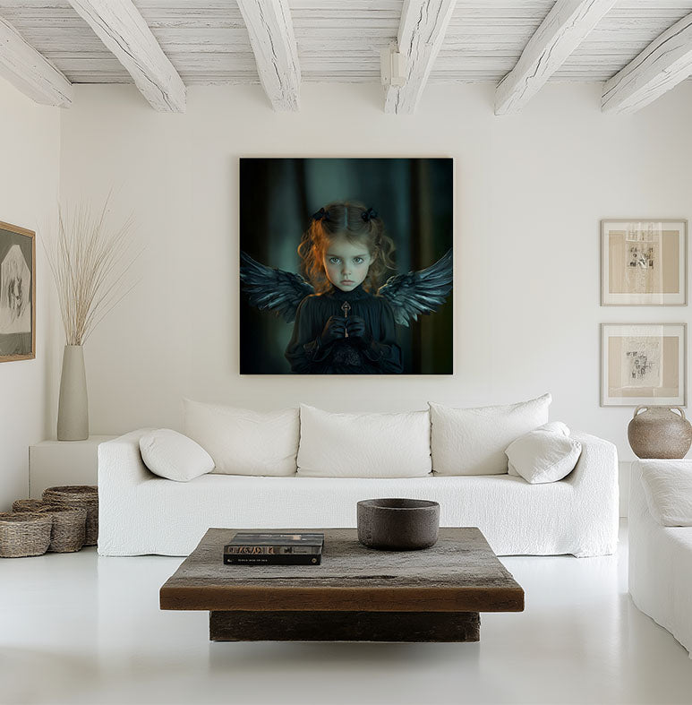 Artprint Black Angel of Secrets van Belinda Jordens – Colored Angels Art, donkere engel met vleugels en indringende blik, gepresenteerd in een serene witte woonkamer met natuurlijke accenten.