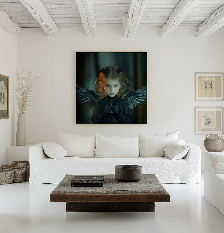 Artprint Black Angel of Secrets van Belinda Jordens – Colored Angels Art, donkere engel met vleugels en indringende blik, gepresenteerd in een serene witte woonkamer met natuurlijke accenten.