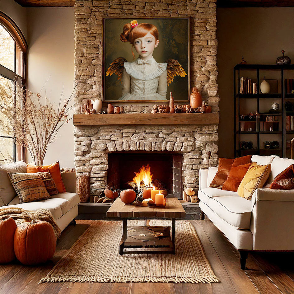 Artprint Evi van Belinda Jordens – Colored Angels Art, portret van een jonge engel met gouden vleugels, gepresenteerd boven een stenen haard in een warm herfstig interieur.