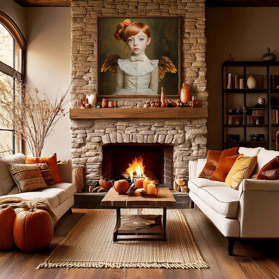 Artprint Evi van Belinda Jordens – Colored Angels Art, portret van een jonge engel met gouden vleugels, gepresenteerd boven een stenen haard in een warm herfstig interieur.