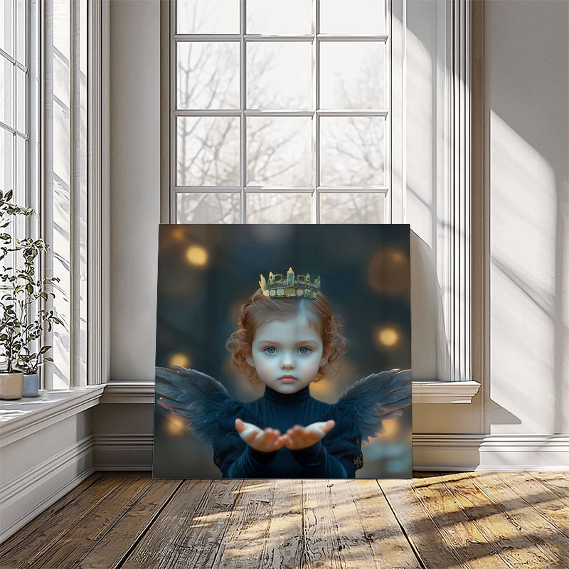 Artprint Guardian of Hope van Belinda Jordens – Colored Angels Art, kinderlijke engel met kroon en zwarte vleugels in zacht licht, gepresenteerd in een klassiek interieur met houten vloer en hoge ramen.