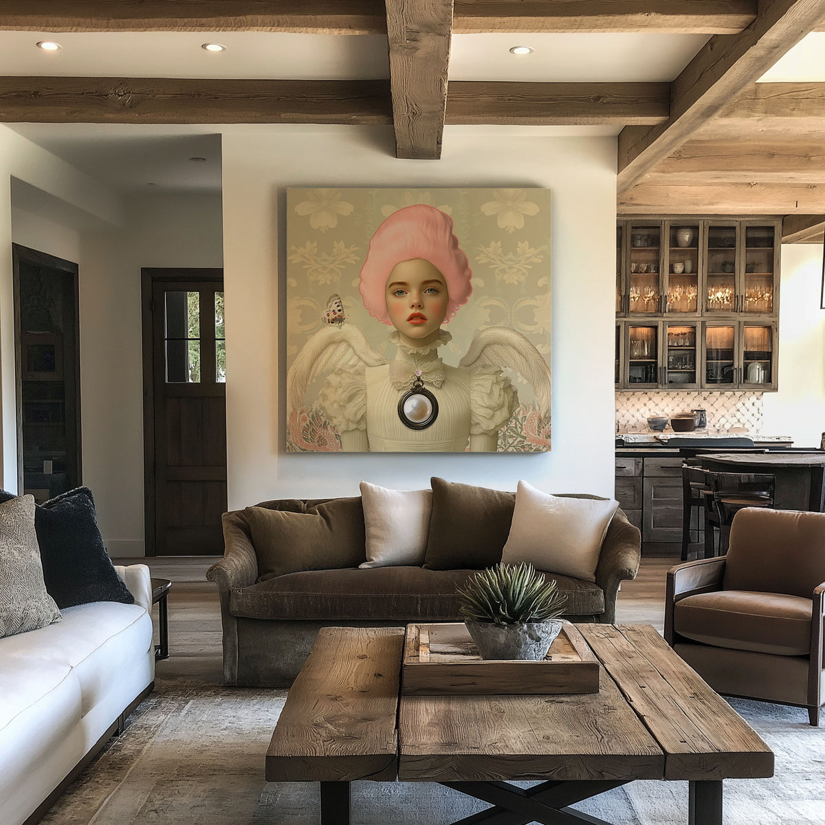 Artprint Ivory van Belinda Jordens – Colored Angels Art, engelachtig portret in ivoor- en rozetinten met vleugels en sierlijke details, gepresenteerd in een warm klassiek interieur met houten balken.