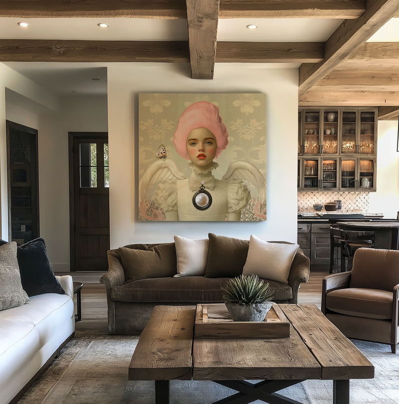 Artprint Ivory van Belinda Jordens – Colored Angels Art, engelachtig portret in ivoor- en rozetinten met vleugels en sierlijke details, gepresenteerd in een warm klassiek interieur met houten balken.