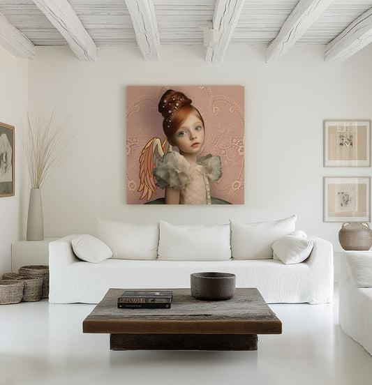 Artprint Sophia van Belinda Jordens – Colored Angels Art, dromerig portret van een jonge vrouw met vleugels in zachte pastelkleuren, gepresenteerd in een licht en modern interieur.