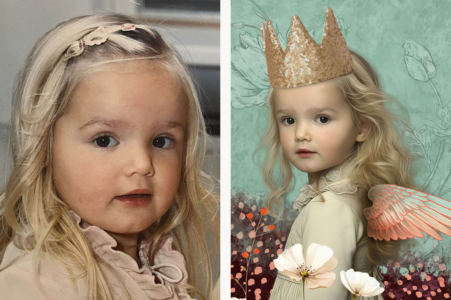 Voor en na beeld van een Little Spirits kinderportret: links de originele foto, rechts een kunstzinnig sprookjesachtig portret met kroon en vleugels