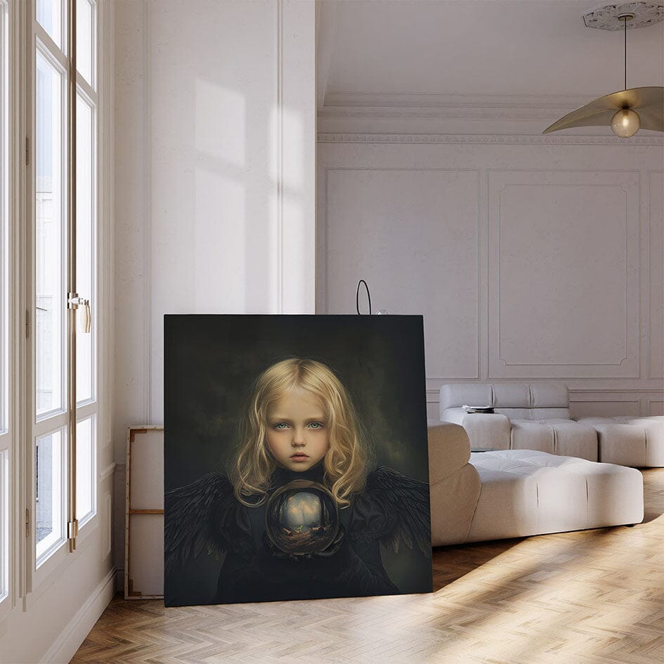 Canvas met engel en glazen bol waarin dor bos te zien is met ontkiemend zaadje