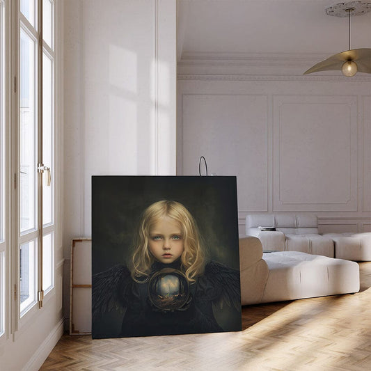 Canvas met engel en glazen bol waarin dor bos te zien is met ontkiemend zaadje