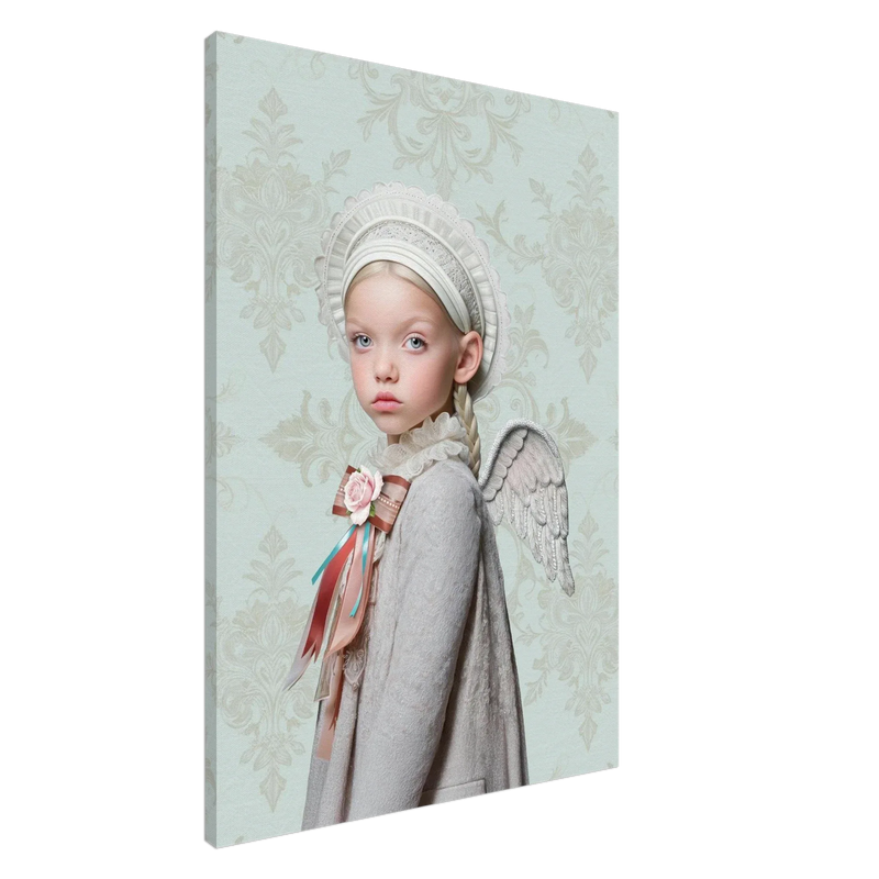 Canvas art print van meisje in historische kleding met vleugels, zachte kleuren en vintage achtergrond