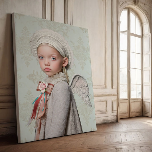Canvas art print van meisje met engelenvleugels, staand tegen een klassieke wand in een vintage interieur met zacht daglicht