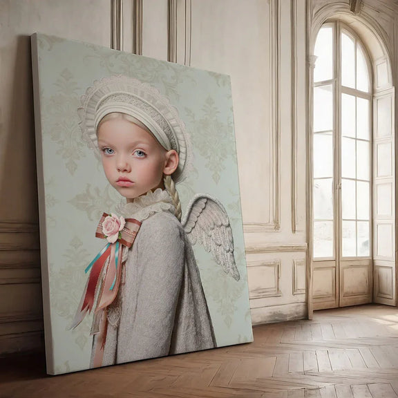 Canvas art print van meisje met engelenvleugels, staand tegen een klassieke wand in een vintage interieur met zacht daglicht