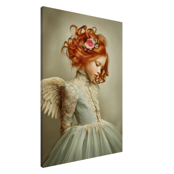 Cate, portret met koperrode krullen, saliegroen jurkje met goudkant en engelenvleugels, serene uitstraling.