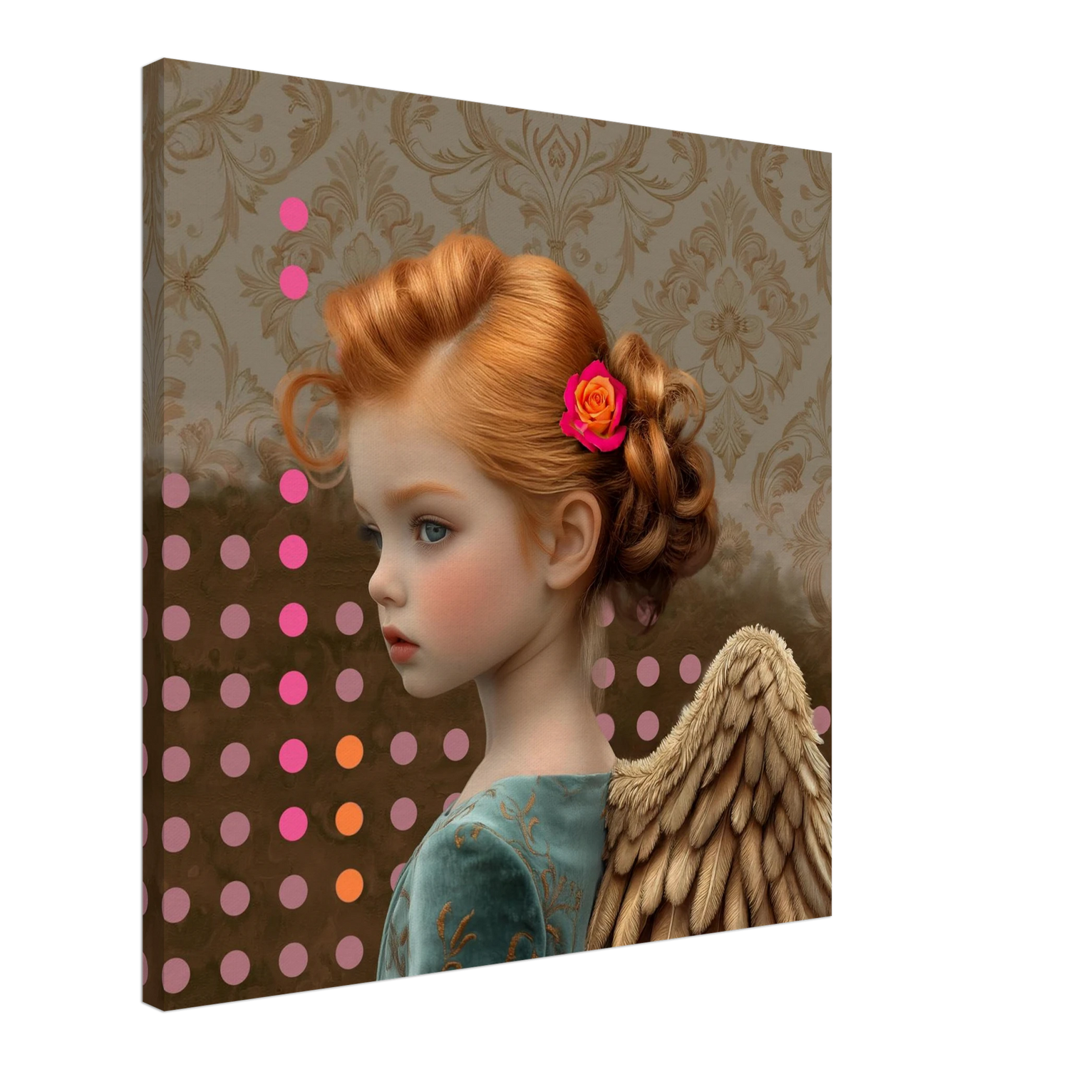 Canvas met retro print engel in blauw bruin tinten