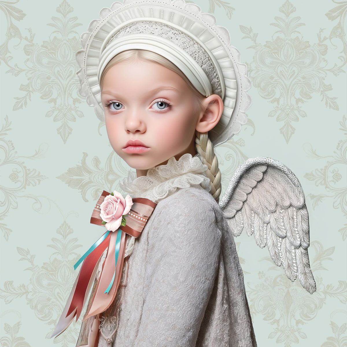 Art print van meisje met engelenvleugels in historische kleding op zachte vintage achtergrond