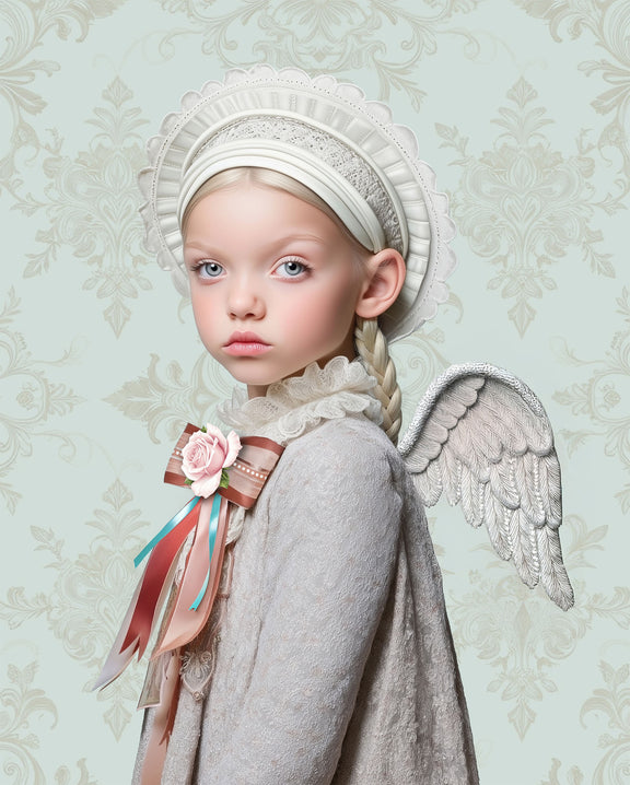 Art print van meisje met engelenvleugels in historische kleding op zachte vintage achtergrond