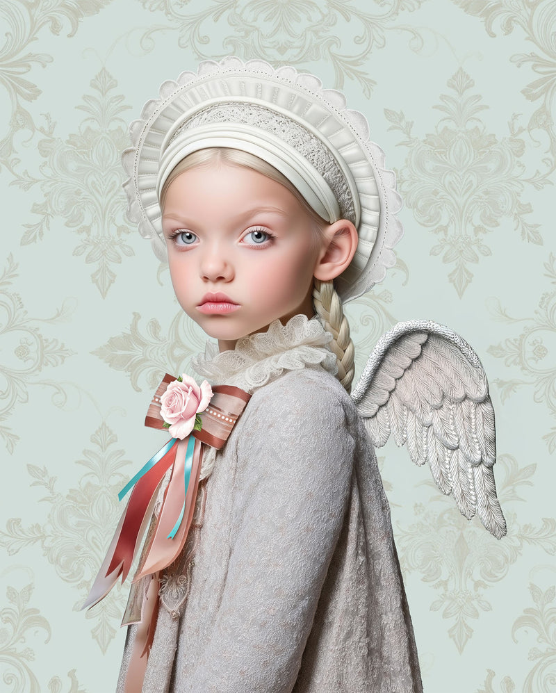 Art print van meisje met engelenvleugels in historische kleding op zachte vintage achtergrond