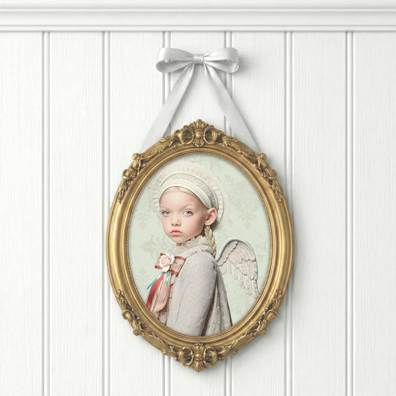 Sprookjesachtige angel art print van meisje met vleugels in ovale vintage lijst aan witte wand met zachte romantische details en pastelkleuren.